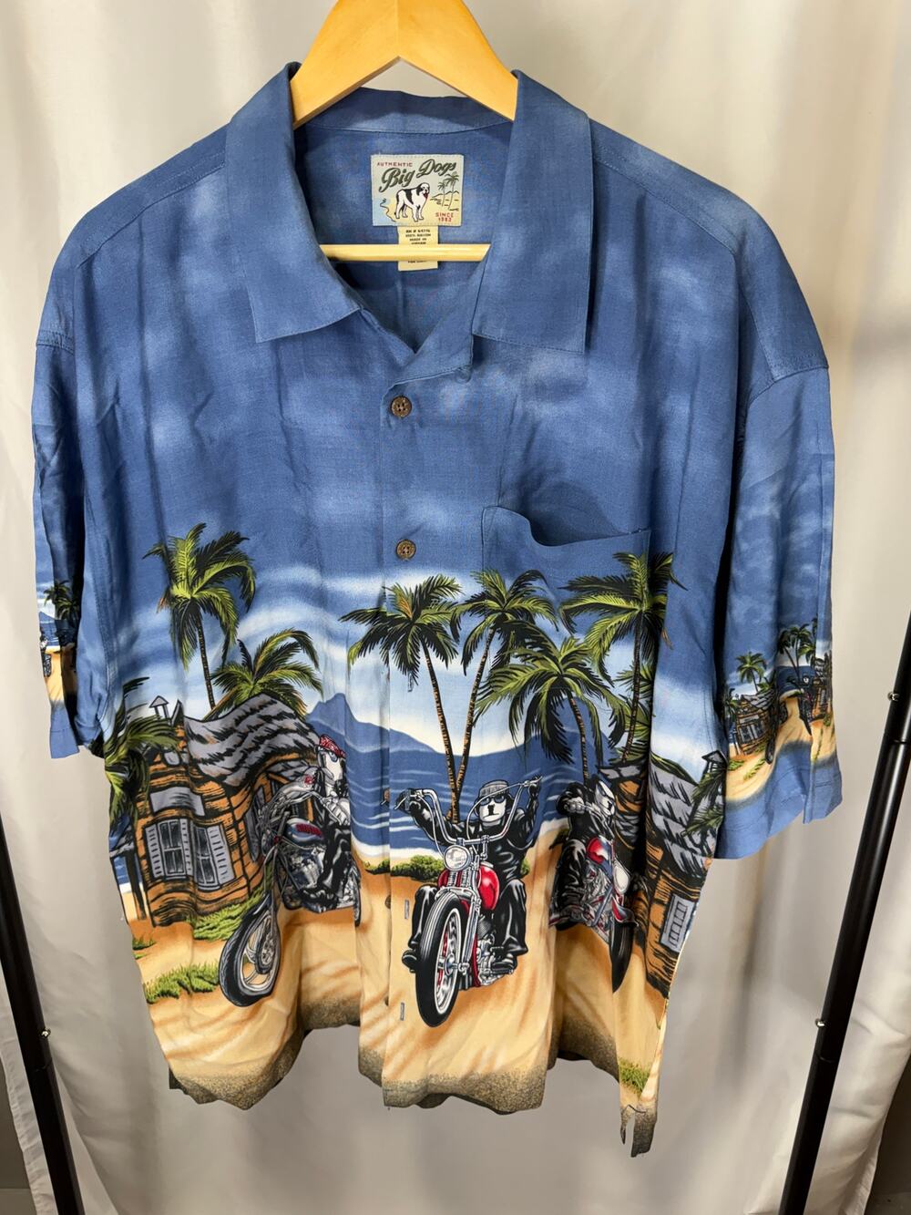 Big Dogs Mens XL Hawaiian Shirt Motorcycle Biker Tropical Rayon Aloha Blue